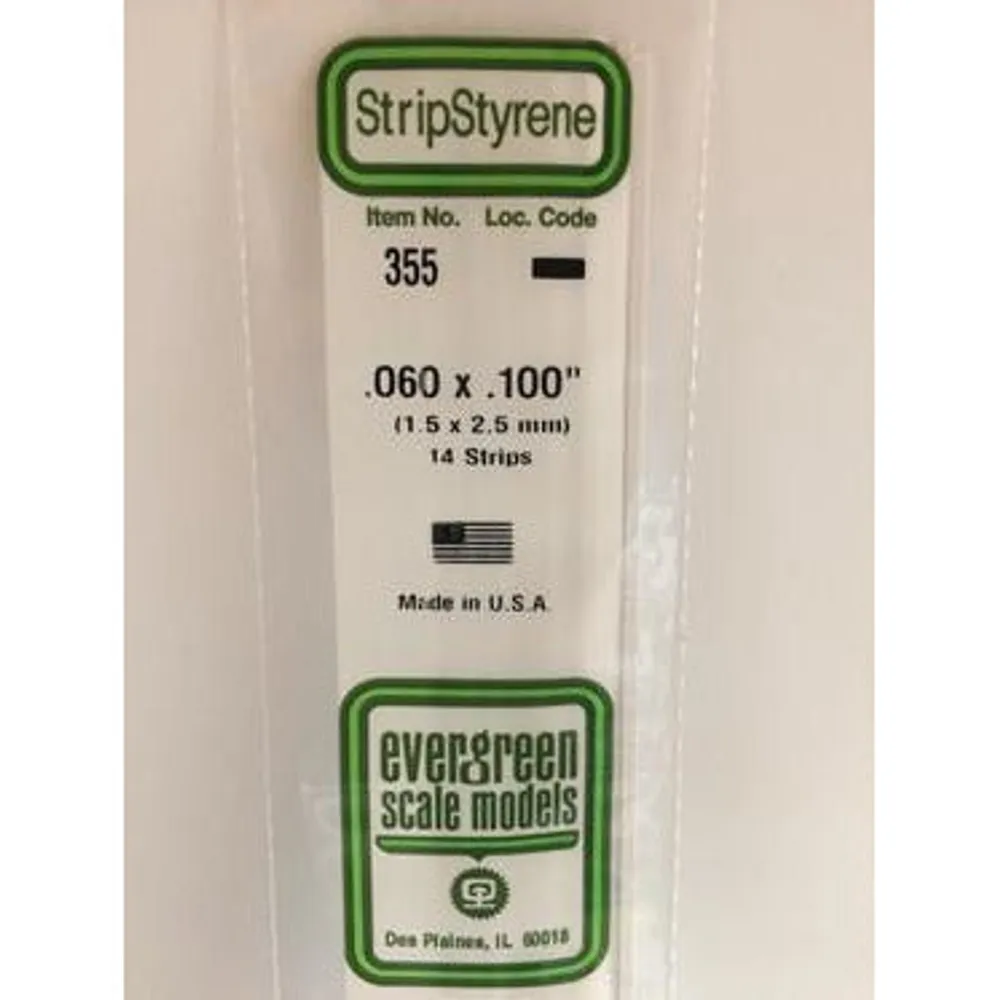 Evergreen #355 Styrene Strips: Dimensional 14 pack 0.060" (1.5mm) x 0.100" (2.5mm) x 24" (60cm)