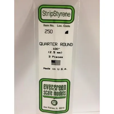 Evergreen #250 Styrene Shapes: Quarter Round 3 pack 0.100" (2.5mm) x 14" (35cm)