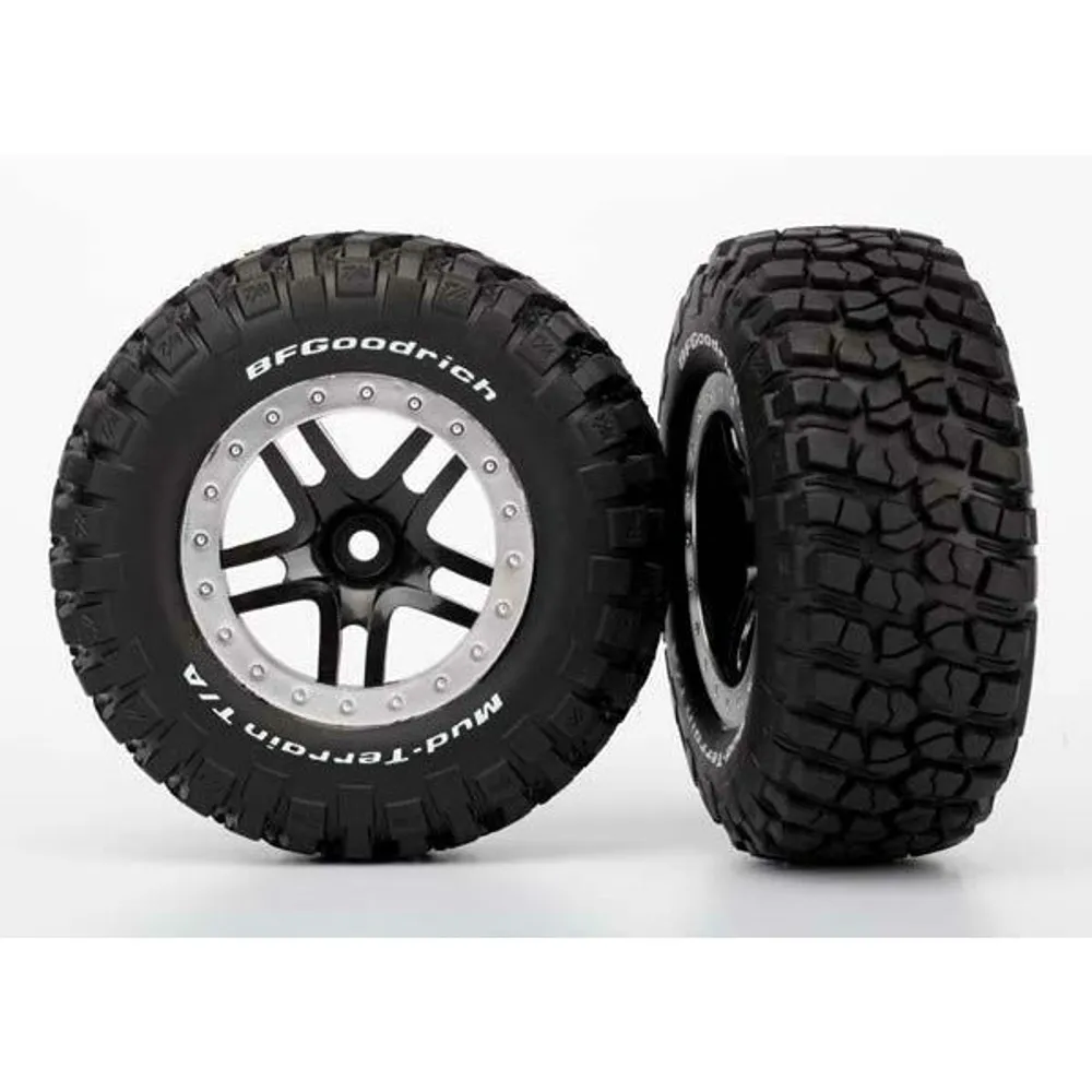 Traxxas Tires & wheels, assembled, glued (SCT Split-Spoke, black, satin chrome beadlock wheels, BFGoodrich Mud-Terrain T/A KM2 tire, foam inserts )4WD front/rear, 2WD rear)