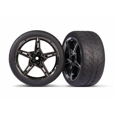 Traxxas Tires and wheels, assembled, glued (split-spoke black chrome wheels,1.9" Response tires) TRA9371