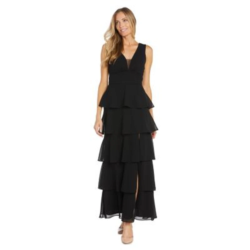 Long Lace Bodice With Matte Chiffon Full Skit And Draped Cap Sleeve