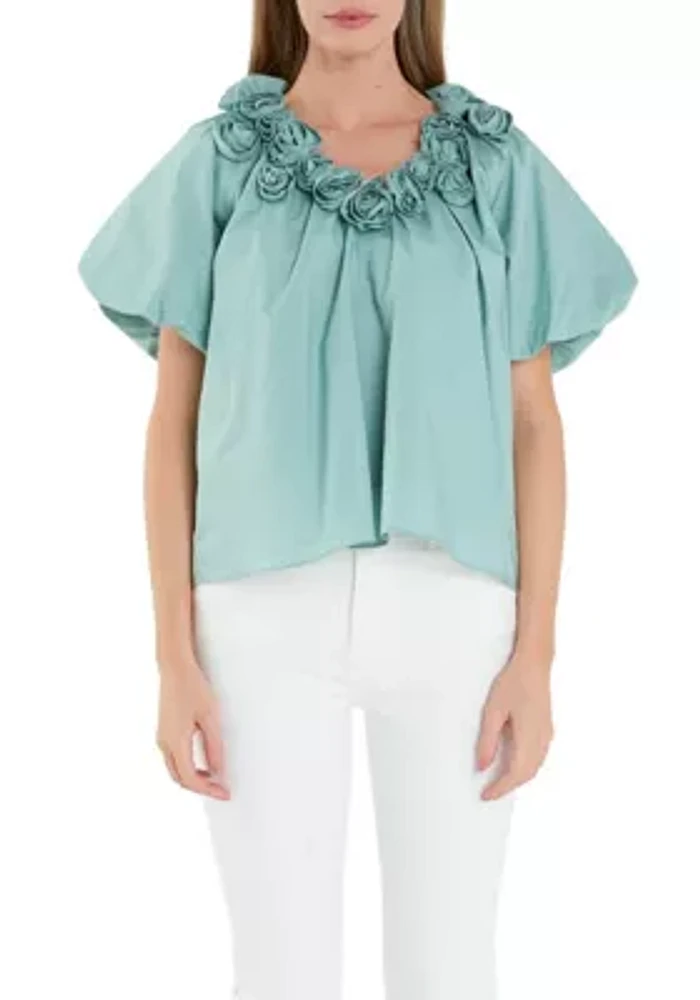 Flower Neckline Puff Sleeve Top