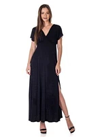 Womens Flutter Sleeve Metallic Knit Maxi Dress Front Slit Empire Waist