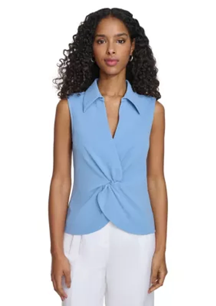 Women's Scuba Crepe Collared Twist Front Top