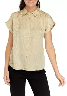 Women's Short Sleeve Woven Jacquard Button Down