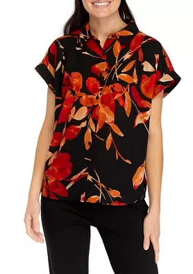 Women's Floral Cap Sleeve Collared Top