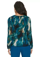 Women's Long Sleeve Printed Accordion Pleated Top