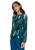 Women's Long Sleeve Printed Accordion Pleated Top