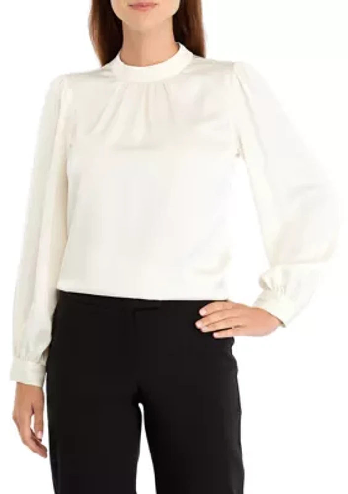 Women's Pleat Neck Long Sleeve Blouse