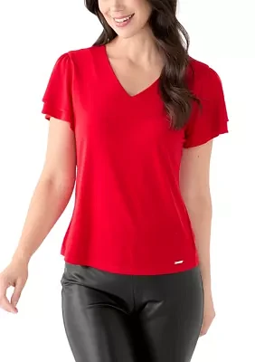 Women's V-Neck Short Double Tier Sleeve Top