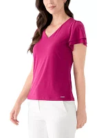 Women's V-Neck Short Double Tier Sleeve Top