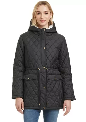 Women's Quilted Hooded Puffer Jacket with Sherpa