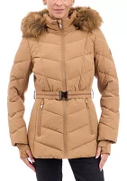 Women's Belted Puffer Coat with Faux Fur Hood