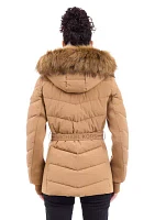 Women's Belted Puffer Coat with Faux Fur Hood