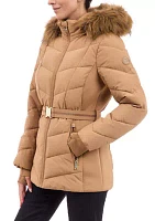 Women's Belted Puffer Coat with Faux Fur Hood