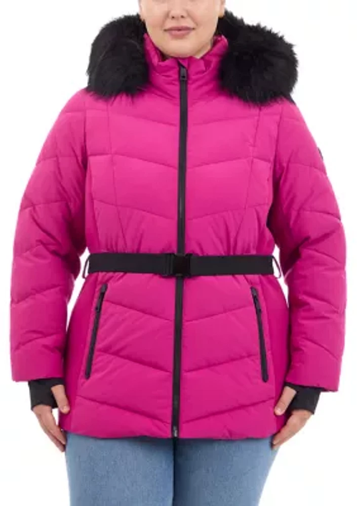 Plus Belted Puffer Coat with Faux Fur Hood