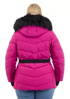 Plus Belted Puffer Coat with Faux Fur Hood