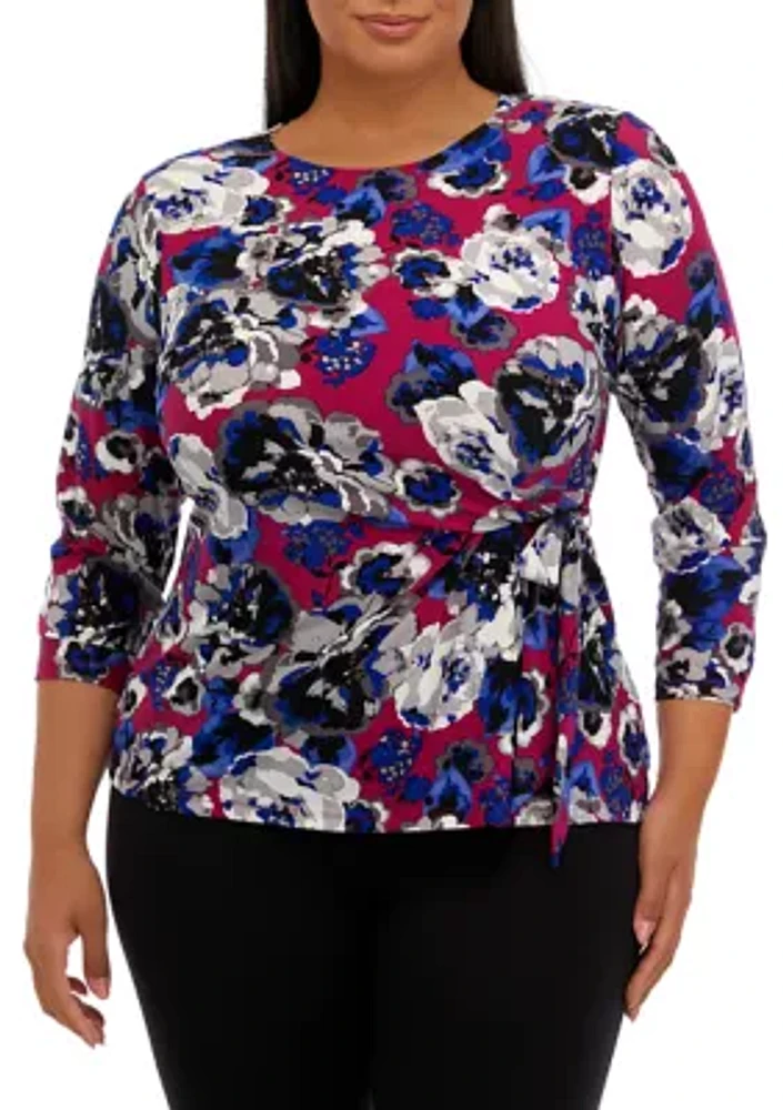 Plus 3/4 Sleeve Side Tie Printed Top