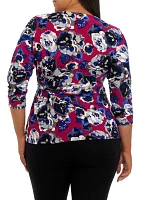 Plus 3/4 Sleeve Side Tie Printed Top