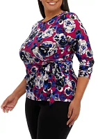 Plus 3/4 Sleeve Side Tie Printed Top