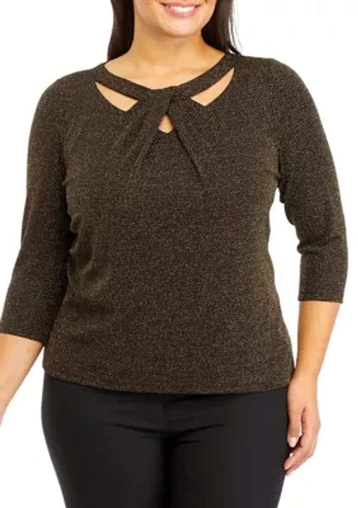 Plus 3/4 Sleeve Twist Neck Lurex Knit Top