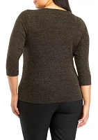 Plus 3/4 Sleeve Twist Neck Lurex Knit Top