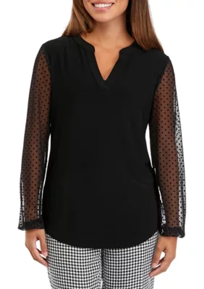 Petite Lace Sleeve Split Neck Solid Top