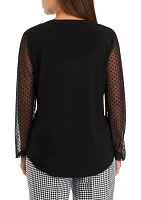 Petite Lace Sleeve Split Neck Solid Top