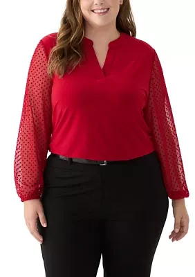 Plus Split Neck Long Sleeve Top