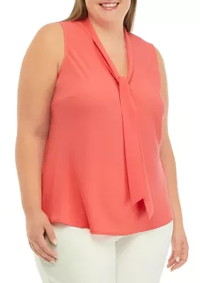 Plus Tie Front Sleeveless Solid Blouse