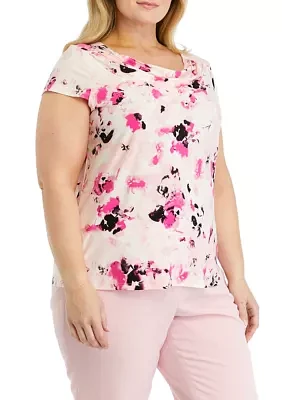 Plus Cap Sleeve Cowl Neck Printed Top