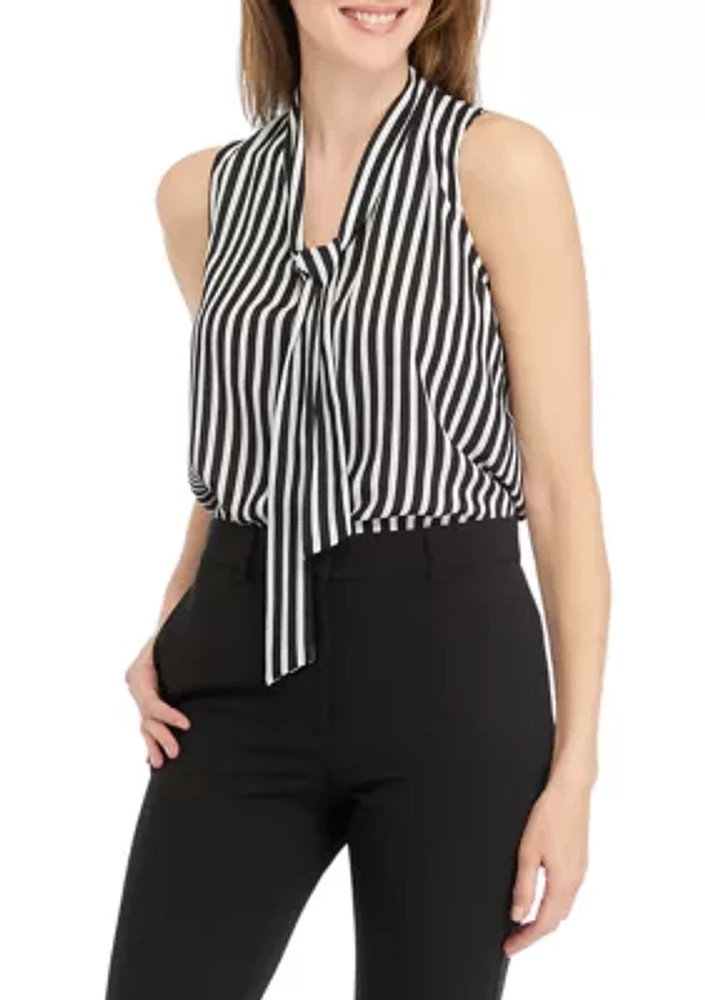 Women's Stripe Sleeveless Tie Neck Blouse