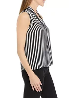 Women's Stripe Sleeveless Tie Neck Blouse