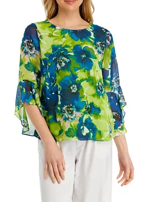 Women's Printed Ruffled Bell Sleeve Blouse