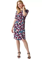 Women's Elbow Sleeve Printed Pleat Front Dress