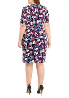 Plus Elbow Sleeve Printed Pleat Front Dress