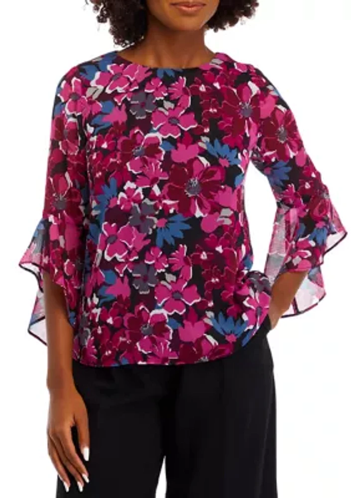 Petite 3/4 Ruffle Sleeve Printed Blouse