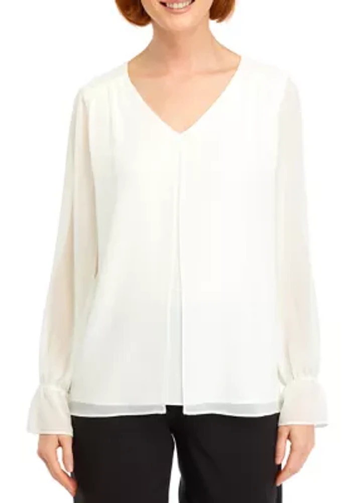 Petite Double Layer Blouse with Long Flounce Sleeves