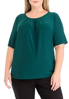 Plus Elbow Sleeve Box Pleat Neck Top