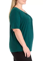 Plus Elbow Sleeve Box Pleat Neck Top