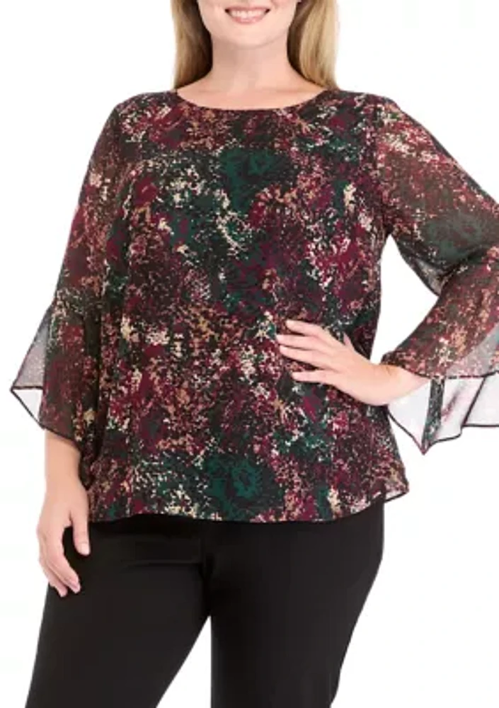 Plus Printed Ruffle Bell Sleeve Blouse