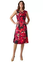 Women's Printed Cowl Neck Seamed Flare Dress