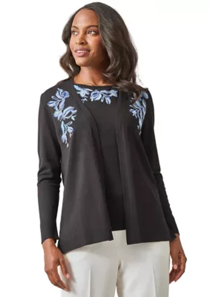 Petite Open Front Embroidered Cardigan