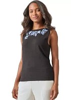 Petite Sleeveless Embroidered Boat Neck Blouse