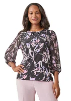 Women's Shirred Neck Blouson Sleeve Printed Top