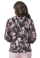 Women's Shirred Neck Blouson Sleeve Printed Top