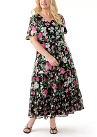 Plus Multi Floral Print Tiered Flutter Sleeve Dress