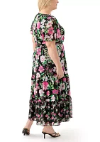 Plus Multi Floral Print Tiered Flutter Sleeve Dress