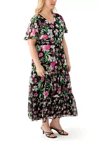 Plus Multi Floral Print Tiered Flutter Sleeve Dress