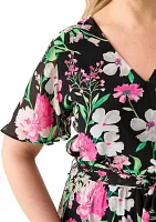 Plus Multi Floral Print Tiered Flutter Sleeve Dress